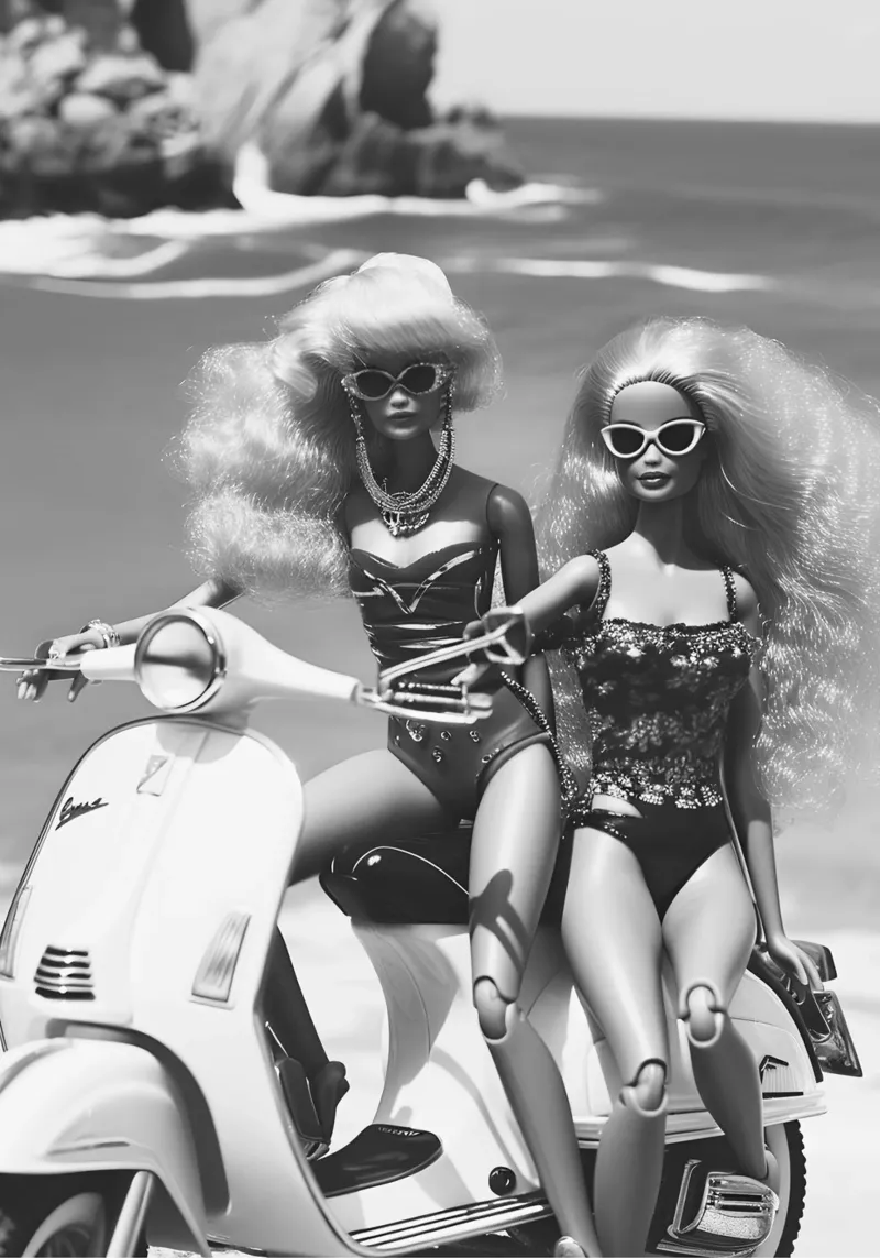 Retro Beach Glam: Bambole su scooter stampa B&N pellicola backlit da homdeco