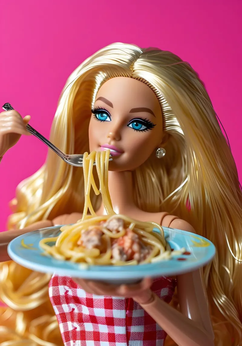 Barbie Enjoying Spaghetti: Pop Art Foodie Print pellicola backlit da homdeco