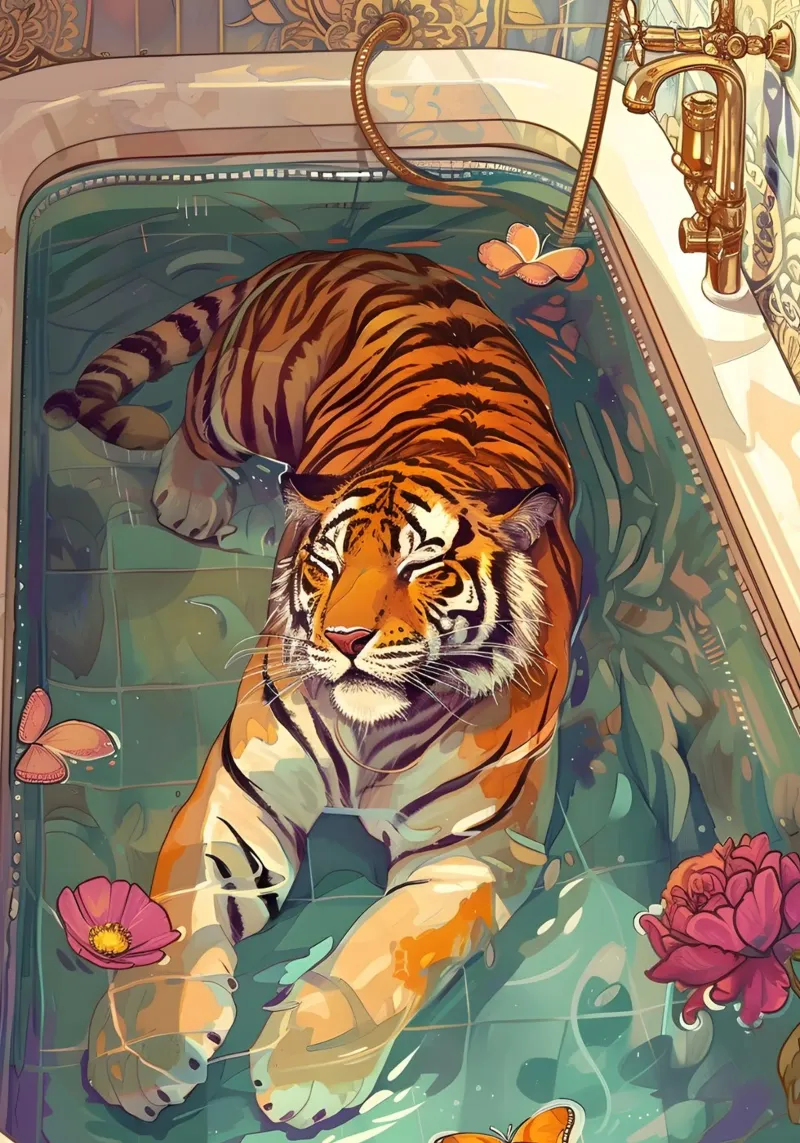 Tiger in Bathtub: Surreal Whimsical Art Print hahnemühle by homdeco