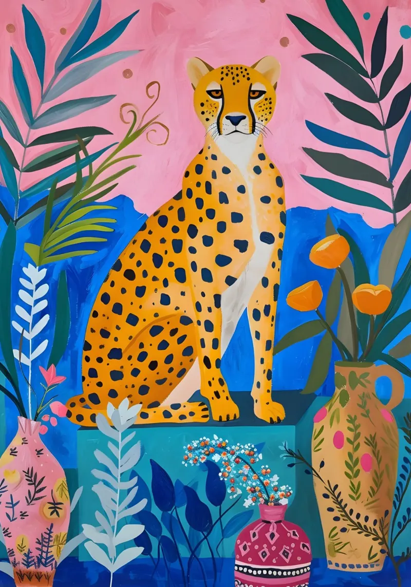 Giungla di ghepardi Boho: Arte animale moderna rosa e blu alluminio dibond da homdeco