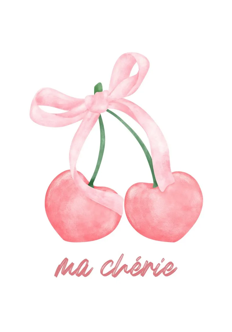 "Ma Chérie" Pink Cherries with Ribbon Art Print canvas with Floater frame by homdeco
