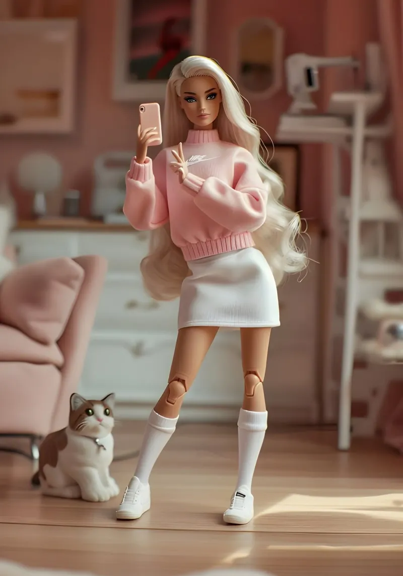 Barbie selfie: Roze Esthetiek met Huiskat Kunstdruk canvas met Baklijst van homdeco