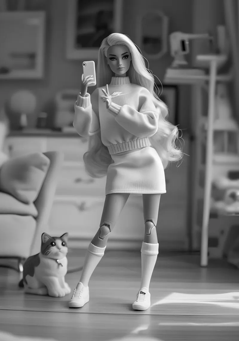 Barbie selfie: Monochrome esthetiek met huiskat canvas met Baklijst van homdeco