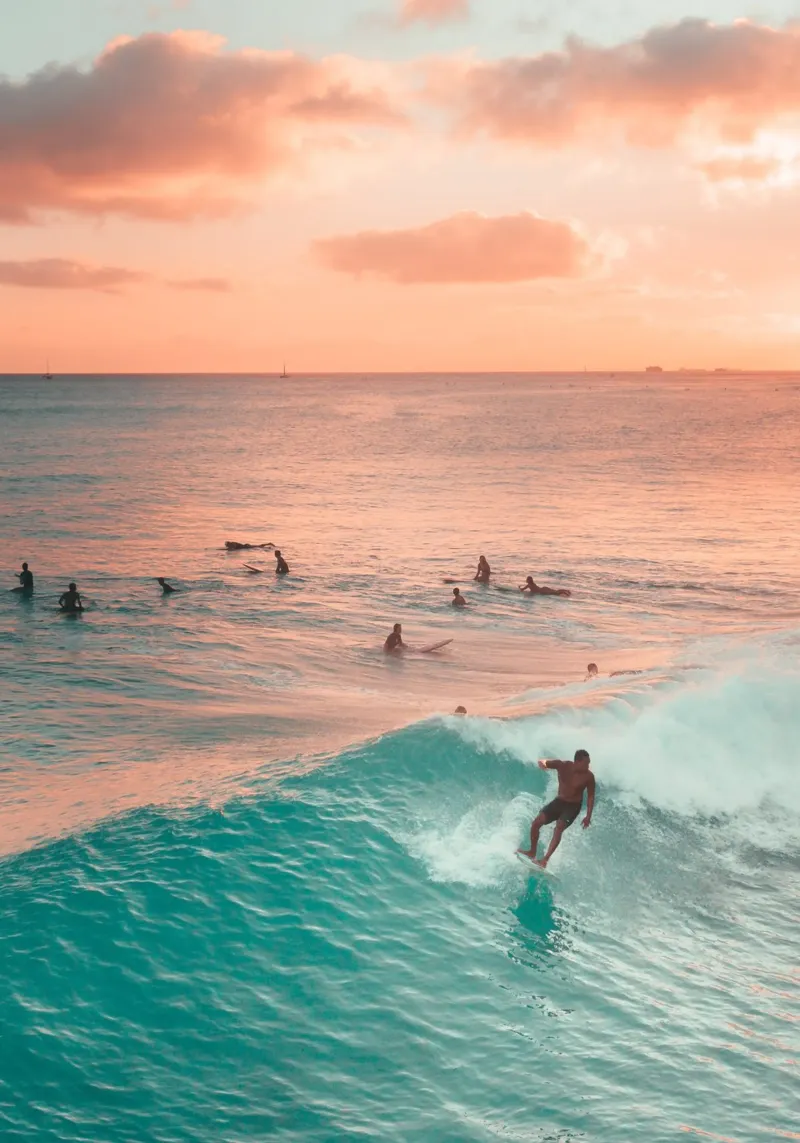 Zonsondergang Surf Sessie Waikiki Strand Oceaan Kunst acryl van dawnthesea