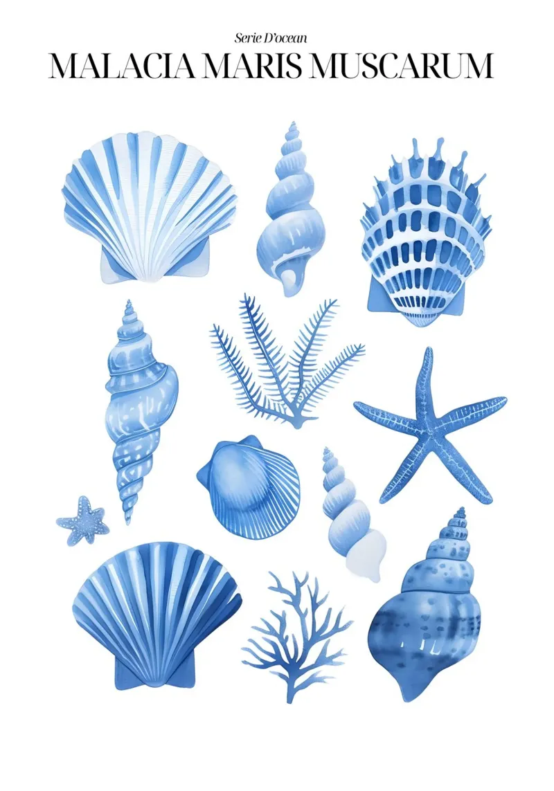 Blaue Muscheln Marine Botanical Ocean Kunstdruck Leinwand mit Schattenfugenrahmen von dawnthesea