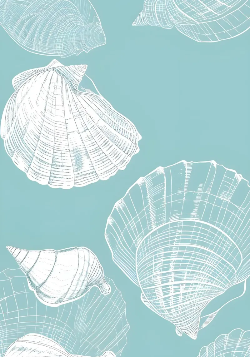 Modello di conchiglie bianche Aqua Blue Coastal Art poster da dawnthesea
