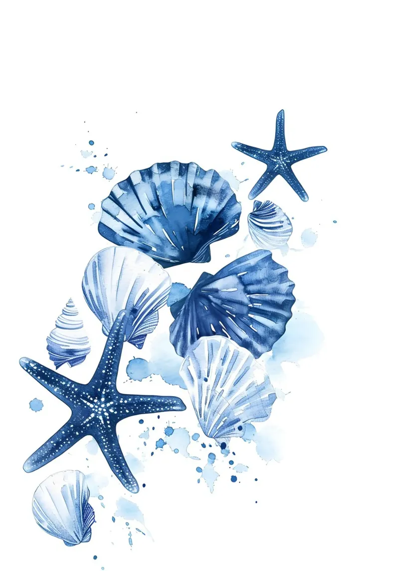Conchiglie blu Stelle Marine Acquerello Arte Costiera poster con telaio in plastica da dawnthesea