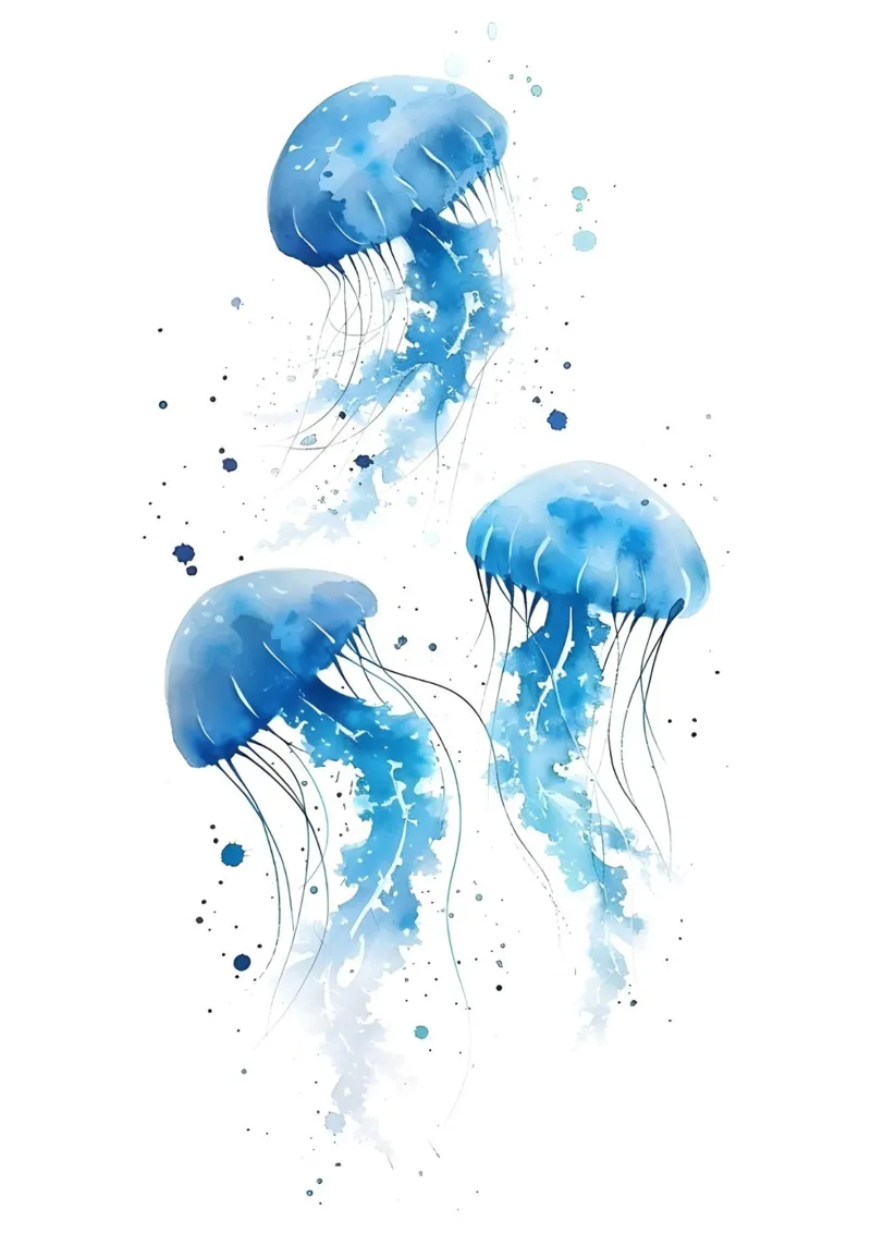 Tre meduse blu acquerellate nell'oceano pellicola backlit da dawnthesea