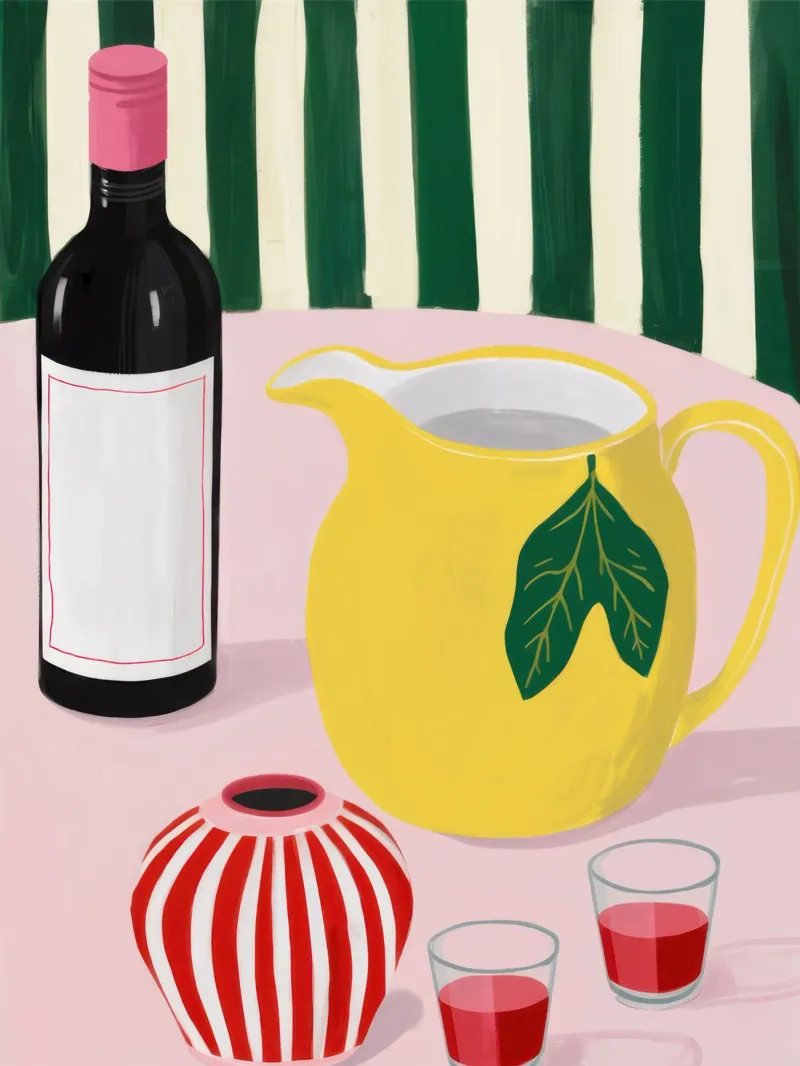 Natura morta di brocca di vino poster con telaio in legno da Lune Dreams