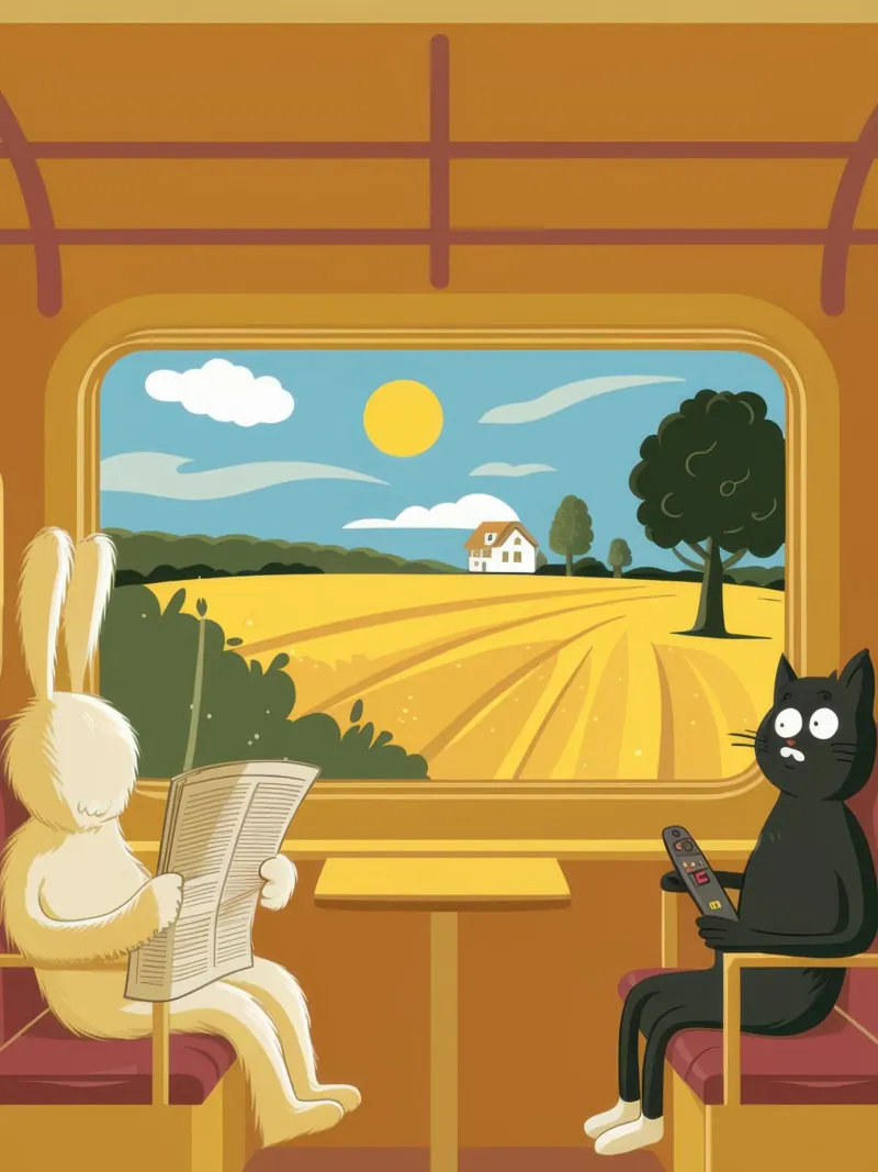 Train Window Rabbits canvas with Floater frame by Lune Dreams