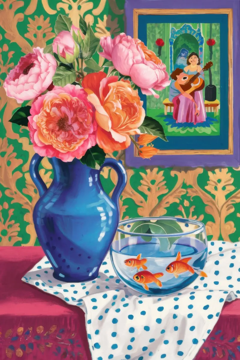 Rose Goldfish Stillness poster con telaio in legno da Arcane Lines