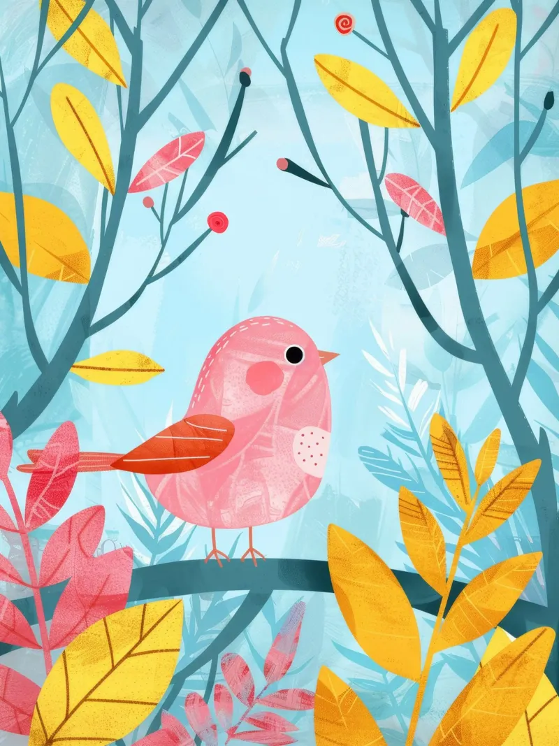 Uccello rosa appollaiato su un ramo circondato da piante frondose pellicola backlit da DesignDoodle