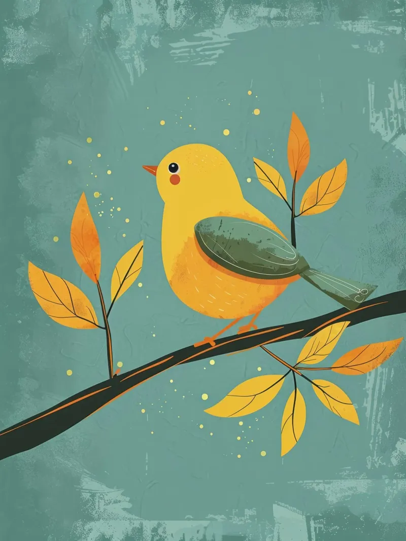 Oiseau jaune perché sur une branche entourée de feuilles d'automne hahnemühle de DesignDoodle