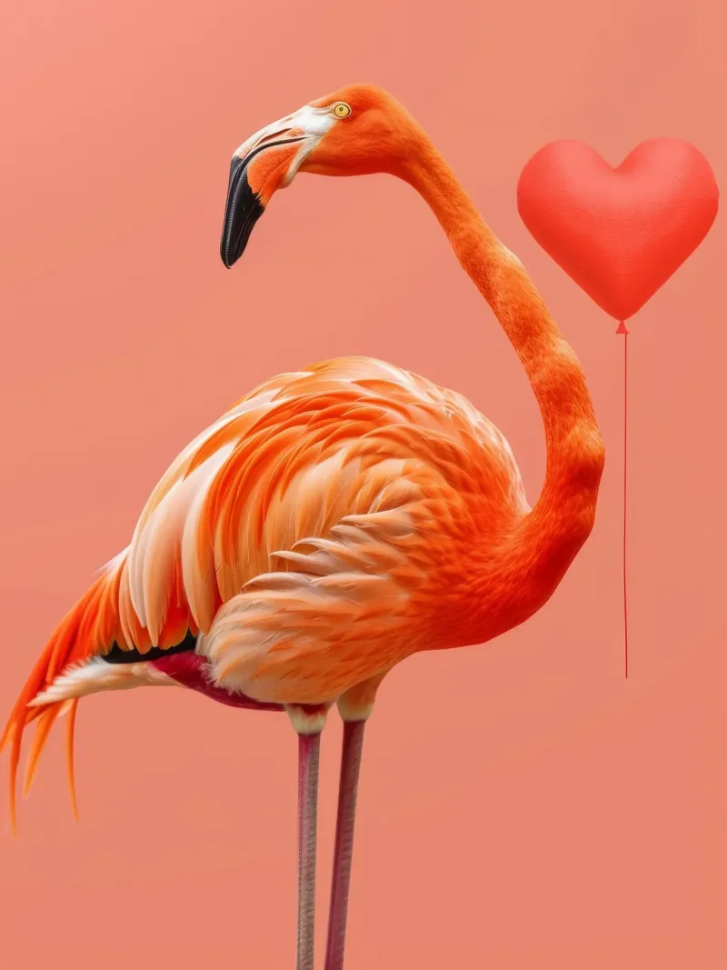 Un flamenco exótico posa elegantemente junto a un globo en forma de corazón metacrilato de DesignDoodle