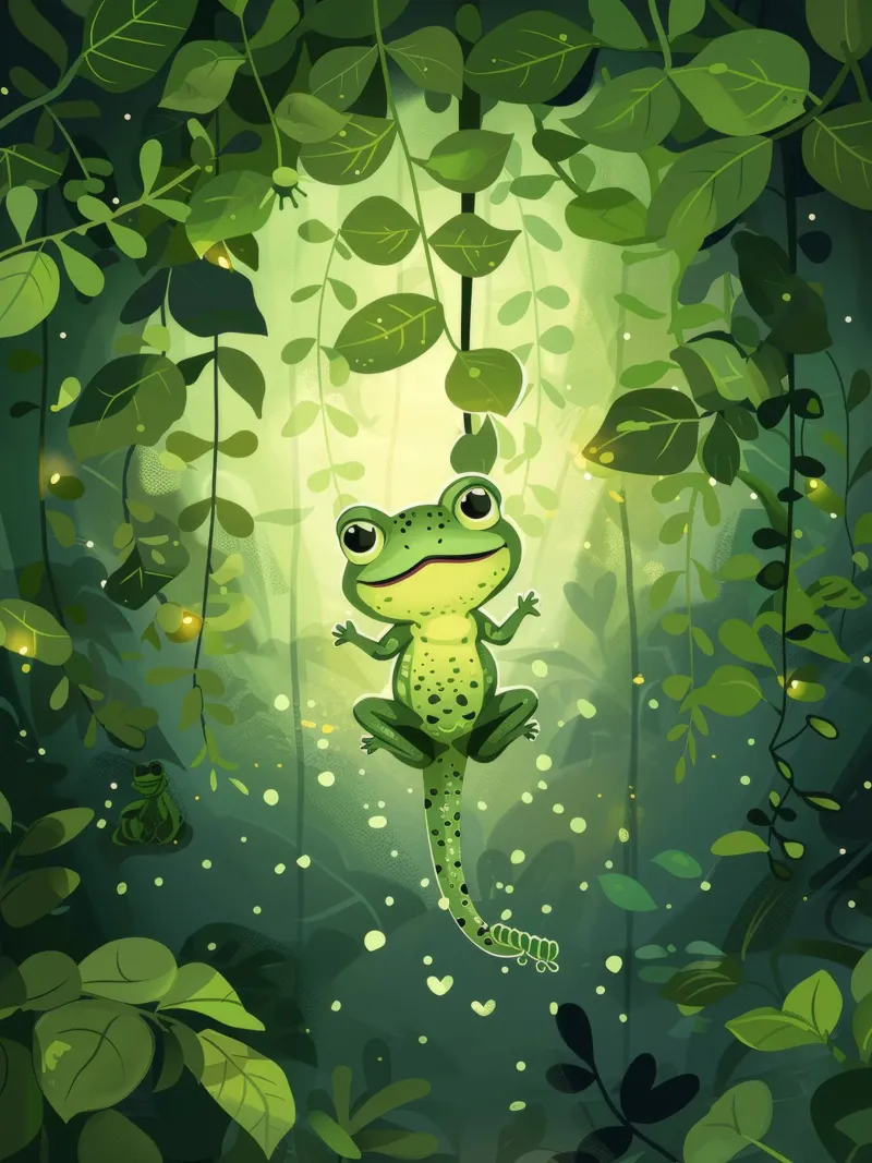 Rana in un ambiente lussureggiante di foresta pluviale con luce che filtra pellicola backlit da DesignDoodle