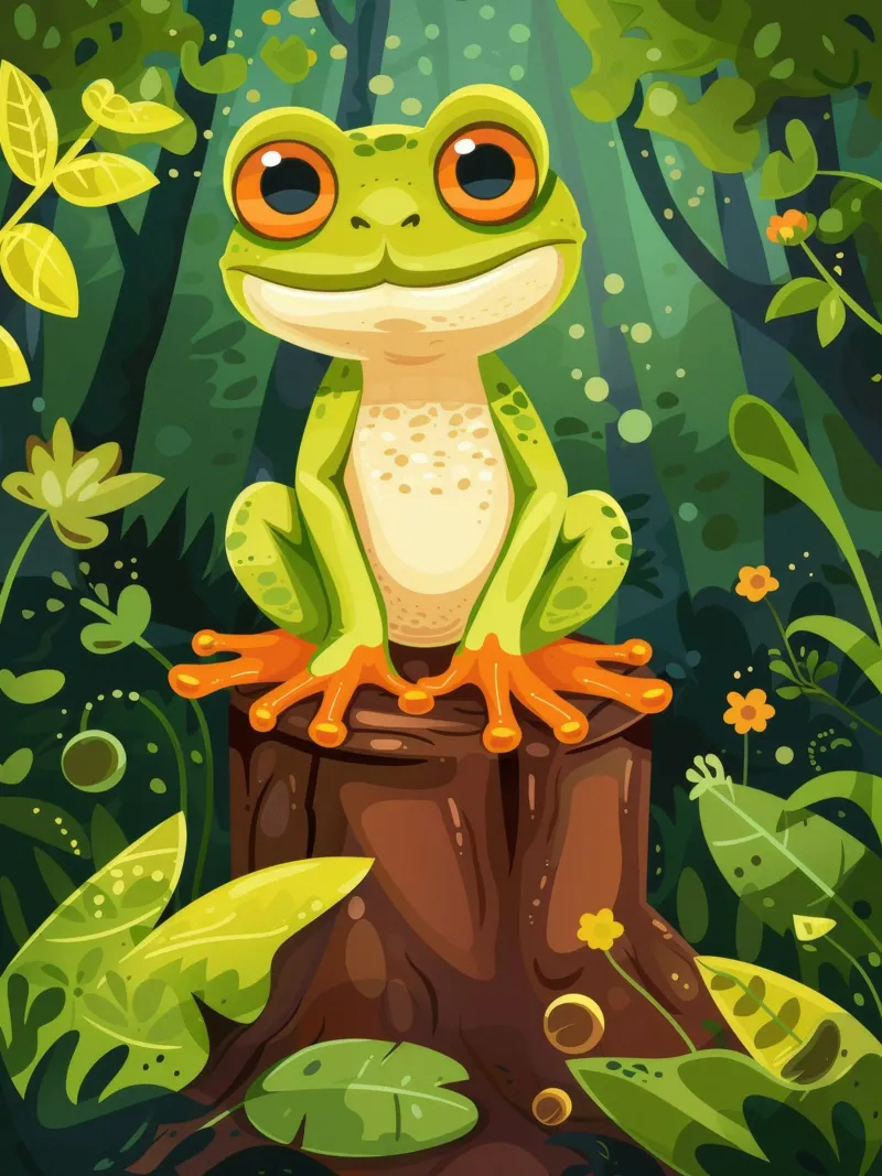 Grenouille vert vif perchée sur une souche d'arbre entourée d'une végétation luxuriante. hahnemühle de DesignDoodle