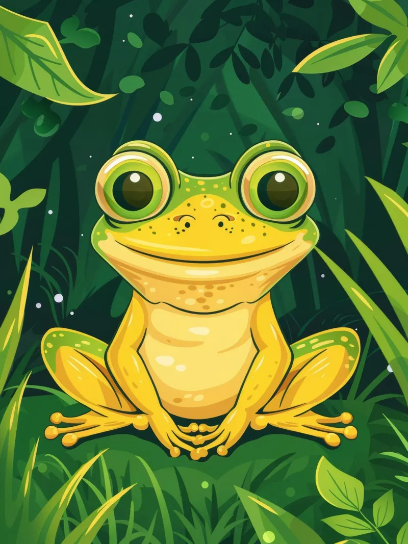 Simpática rana de dibujos animados sentada en una exuberante vegetación con ojos brillantes metacrilato de DesignDoodle