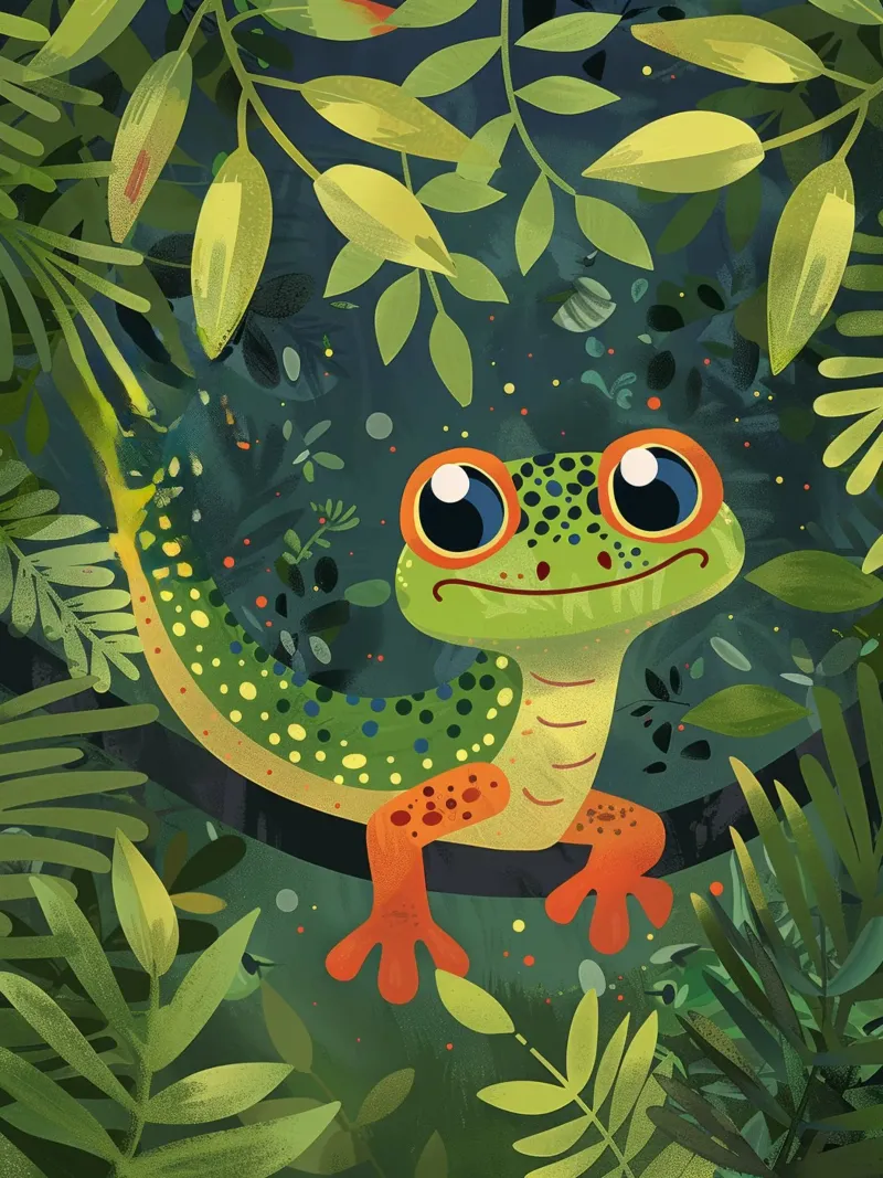 Lebhafter Cartoon-Gecko inmitten von Blättern in einem üppigen Regenwald Hahnemühle von DesignDoodle