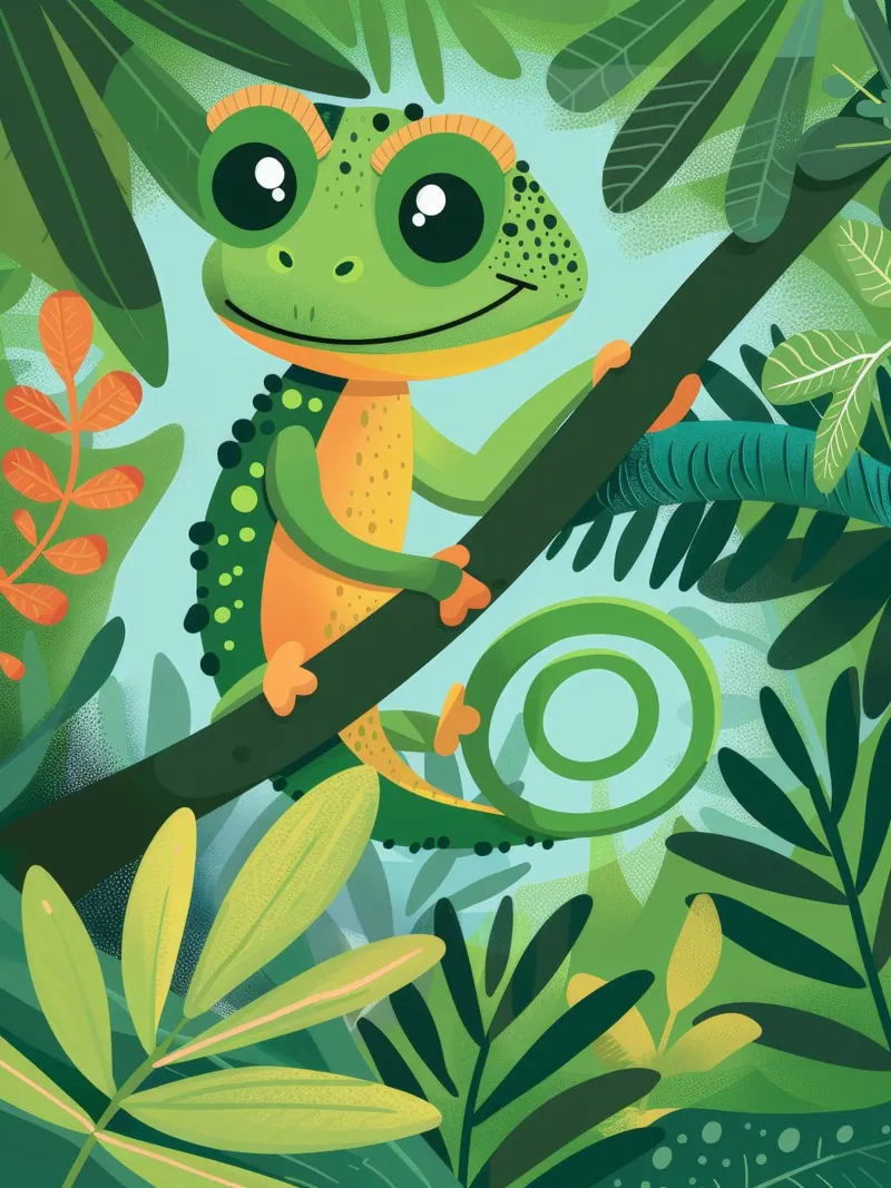 Whimsical chameleon perched on branch in lush jungle canvas by DesignDoodle