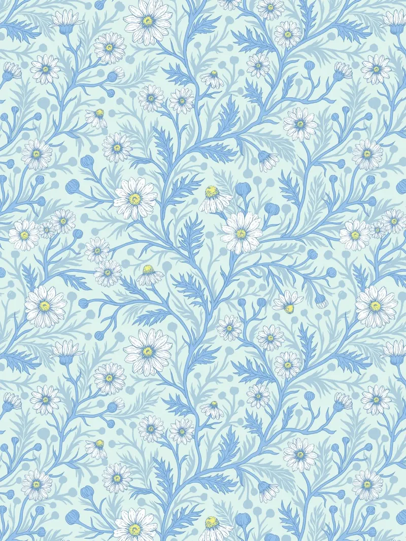 Margherite bianche e blu su vetro di mare poster con telaio in alluminio da Painted Nature