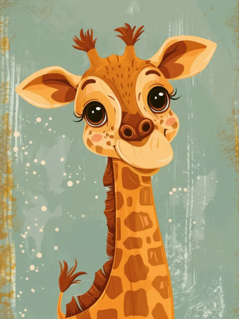 Un'amichevole giraffa con grandi occhi sorride in un semplice sfondo plexiglass da DesignDoodle