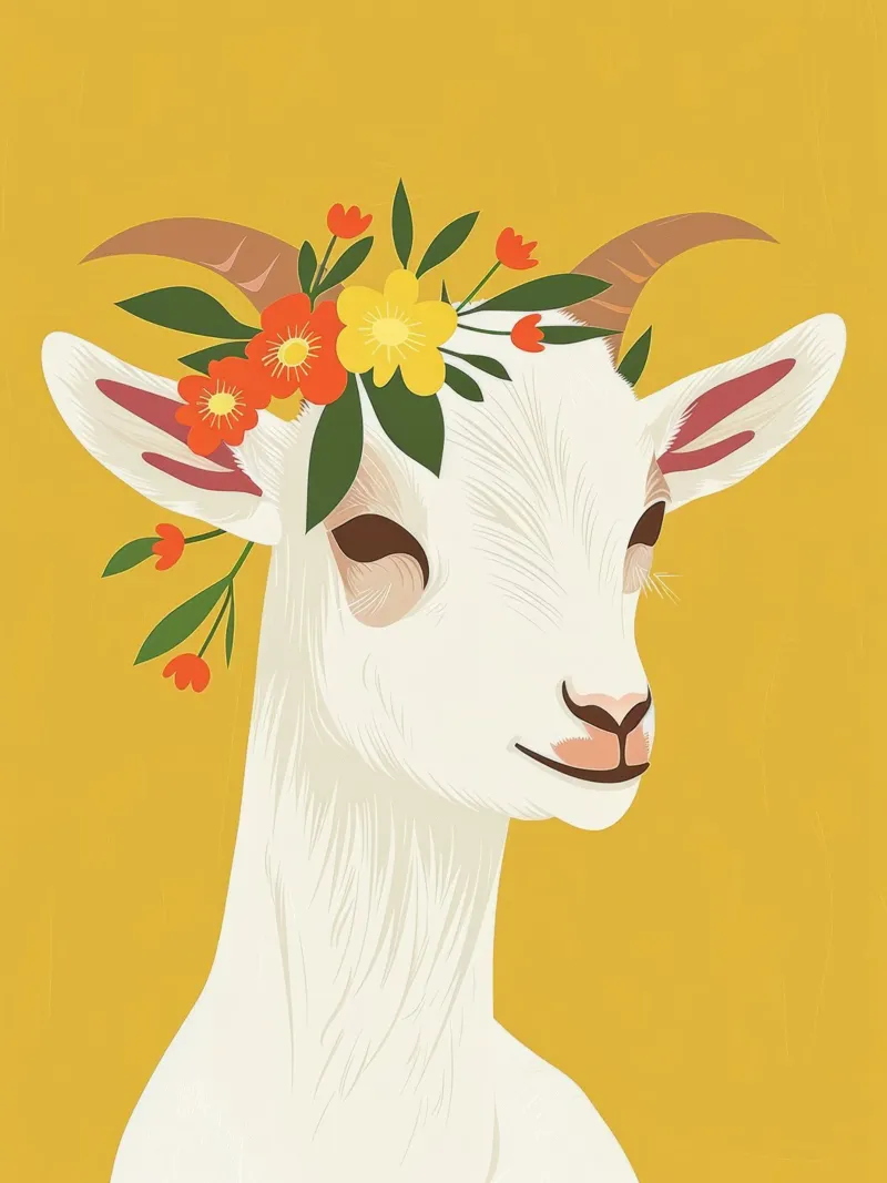 Chèvre ornée d'une couronne florale sur fond jaune poster avec cadre en bois de DesignDoodle