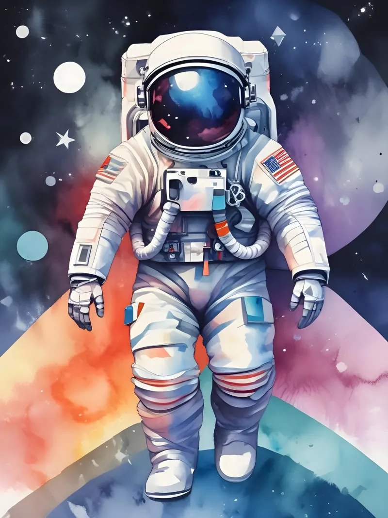 Astronaut in aquarelruimte - Minimalisme canvas met Baklijst van Minimalism
