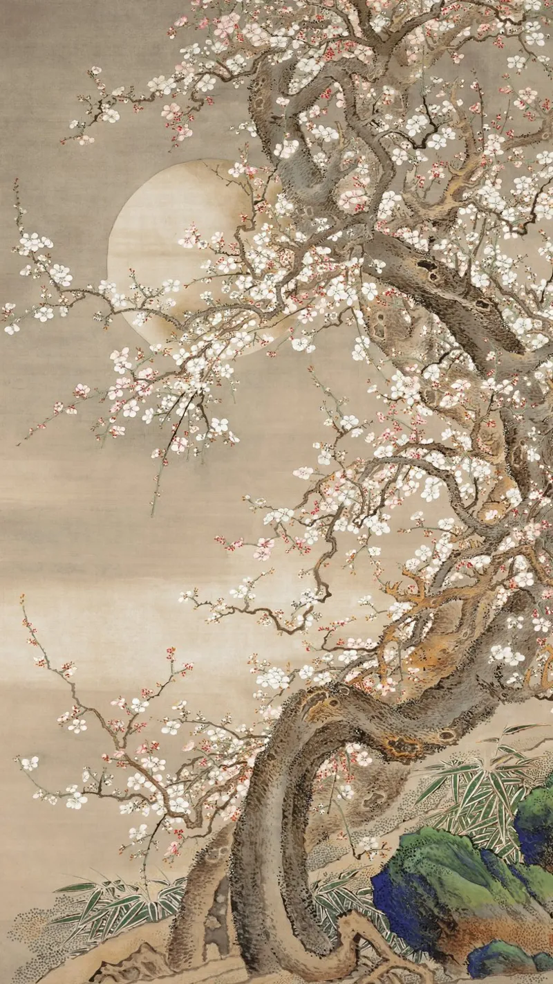 Japanese plum blossoms in moonlight poster with wooden frame by vintageshop