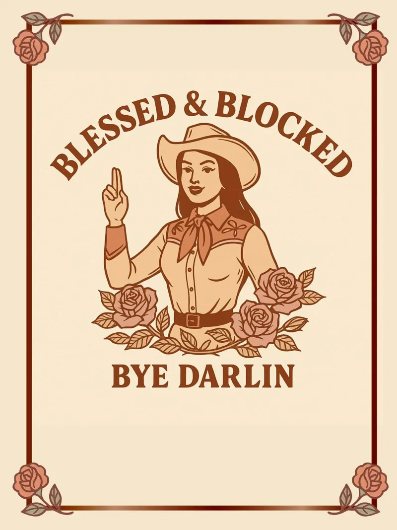 Gezegend & geblokkeerd - Cowgirl scheidingskunst canvas met Baklijst van Taika Tori Art