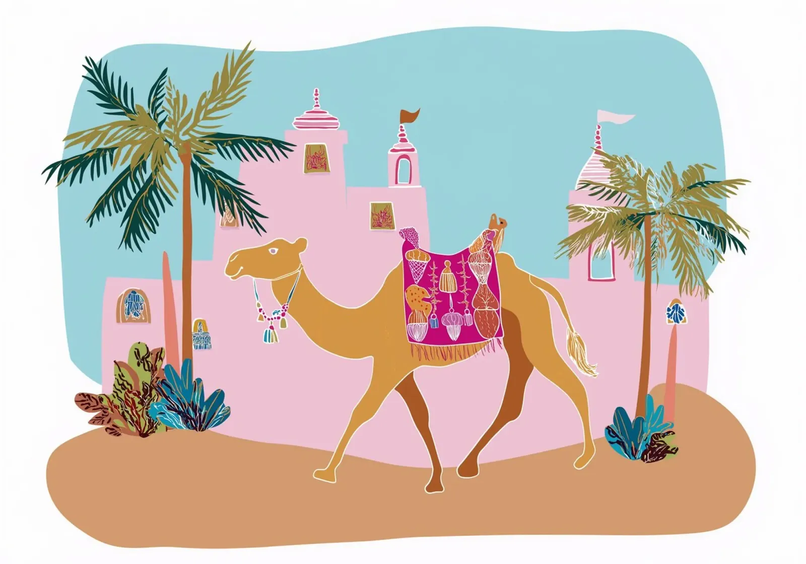Whimsical Moroccan Camel - Desert Oasis Art Print canvas with Floater frame by vintagepod