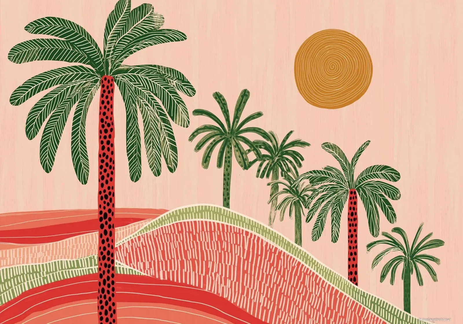 Paisaje boho con palmeras en el desierto - Escena abstracta al atardecer metacrilato de vintagepod