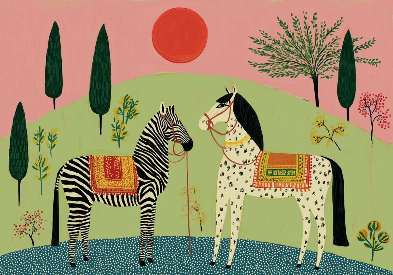 Zebra e cavallo in arte popolare - Scena di giardino mistica pellicola backlit da vintagepod