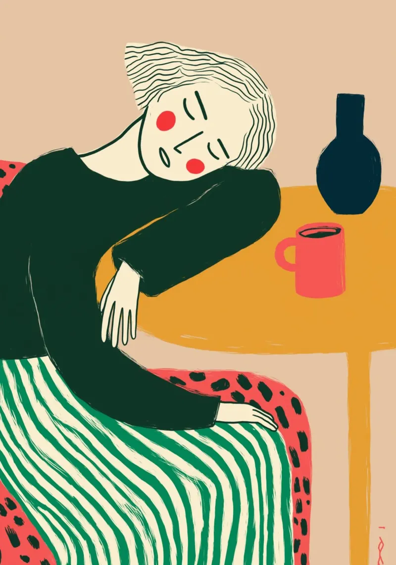 Boho vrouw rustend - Café Comfort Art Print hahnemühle van vintagepod