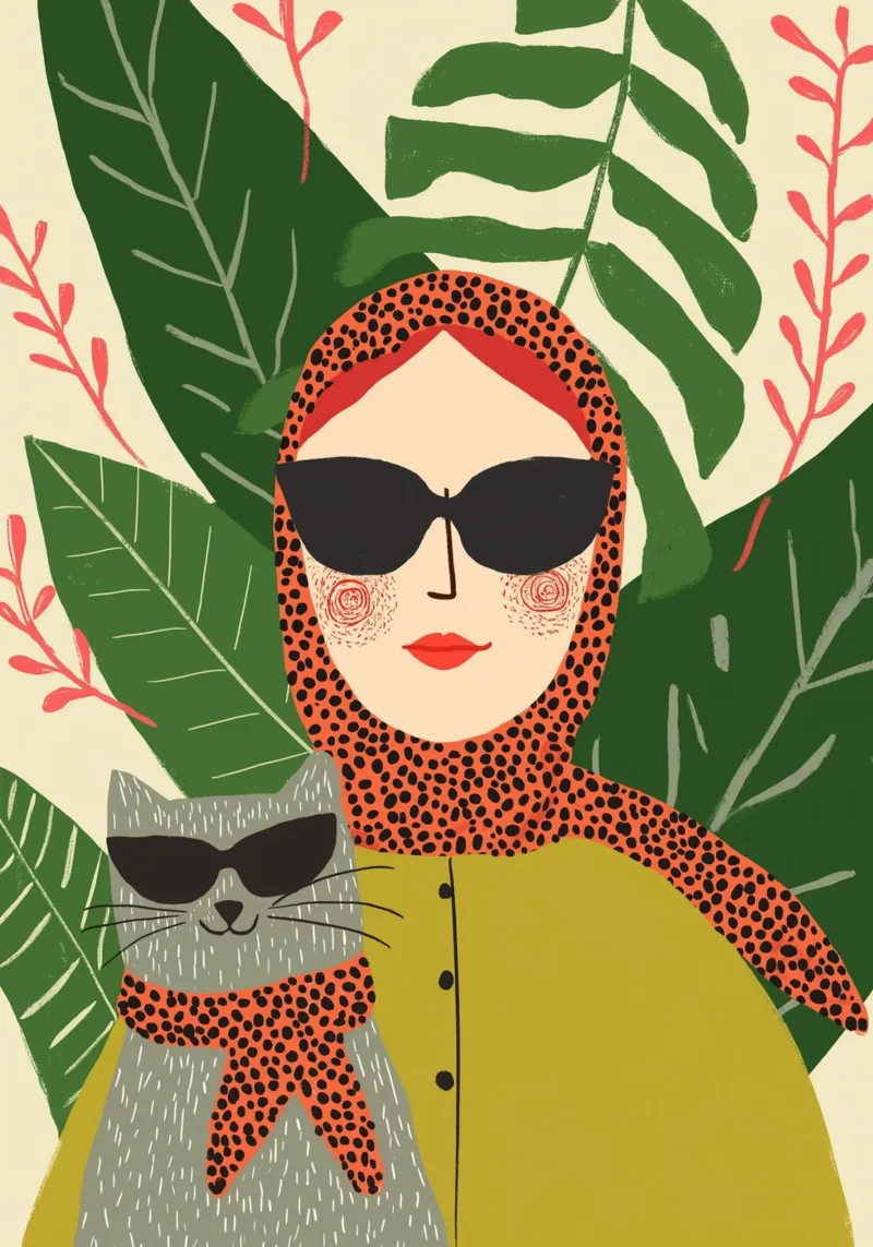 Donna e gatto chic - Stampa moda tropicale retrò carta hahnemühle da vintagepod