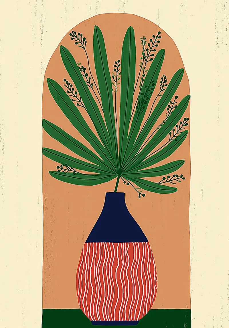 Abstracte waaierpalmvaas - Archway Botanical Art canvas van vintagepod