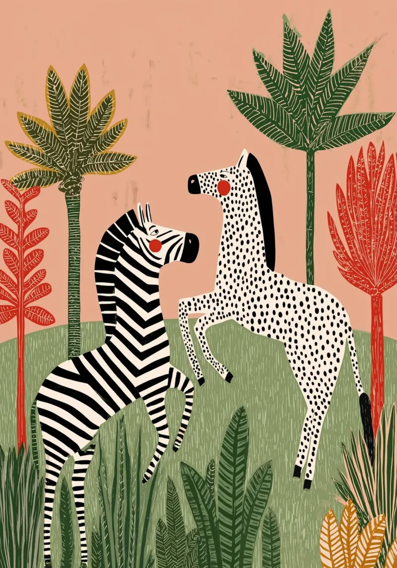 Folk Art Zebra Duo - Tropical Jungle Scene pellicola backlit da vintagepod