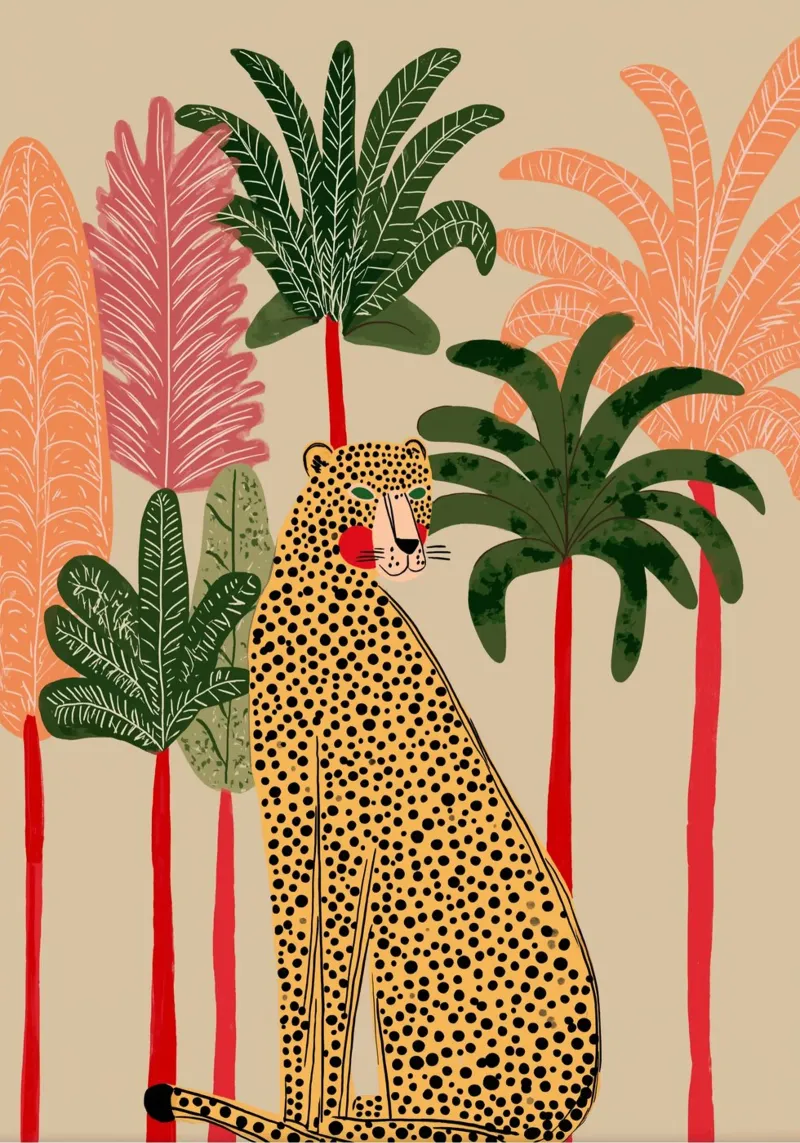 Leopardo Folk Art - Stampa giungla vegetale tropicale tela con Cornice a cassetta da vintagepod