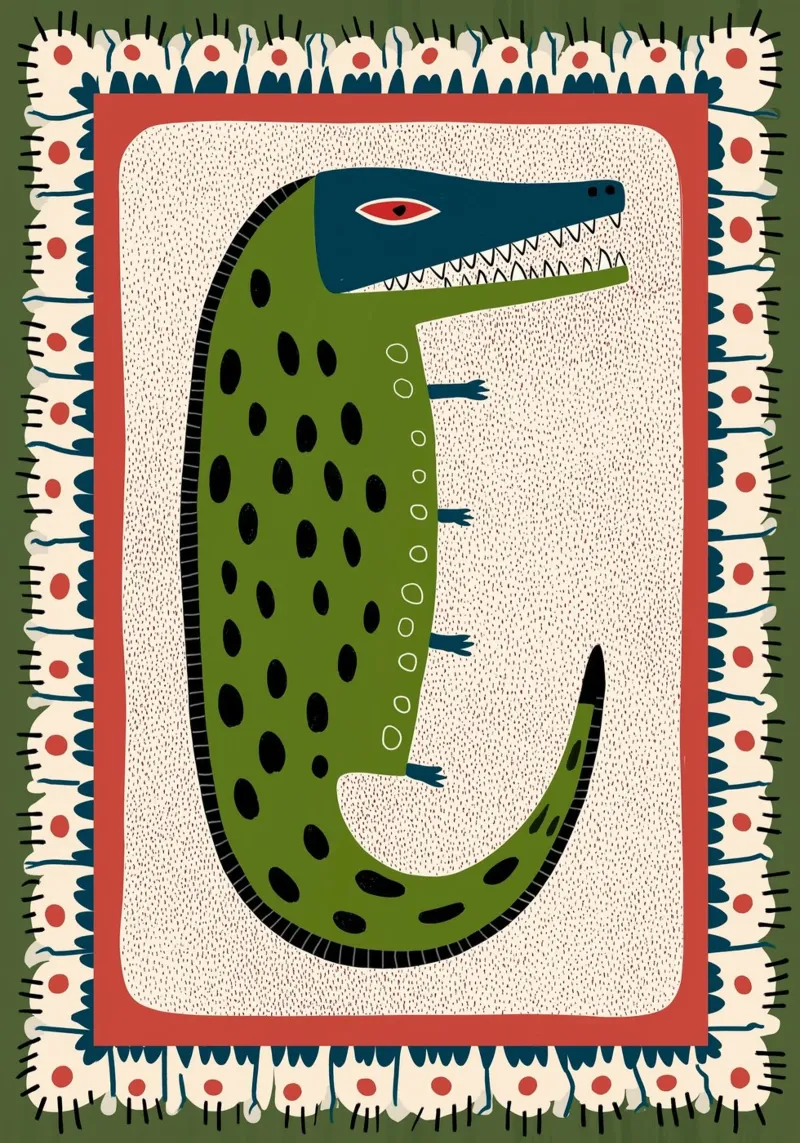 Folk Art Crocodile - Impression fantaisiste de reptile vert poster avec cadre en plastique de vintagepod
