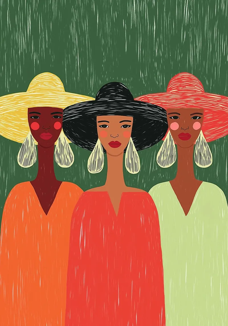 Tre donne alla moda - Cappelli audaci e Boho Chic tela con Cornice a cassetta da vintagepod