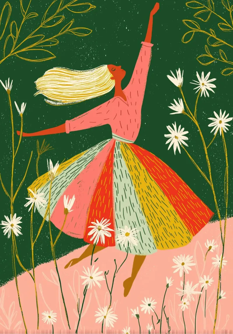 Vrolijke dansende vrouw - Bloemen Folk Art Print backlit folie van vintagepod