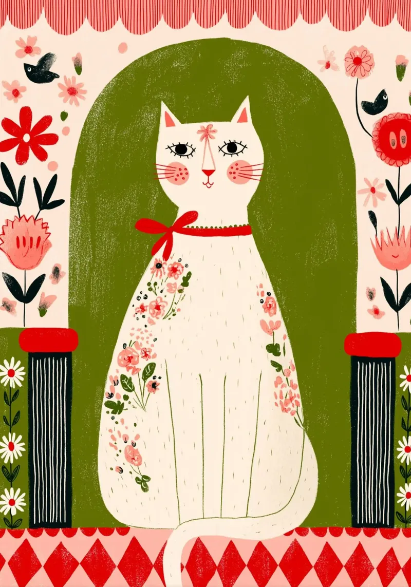 Gatto floreale d'arte popolare - Ritratto di animale domestico estroso e bohémien poster con telaio in legno da vintagepod