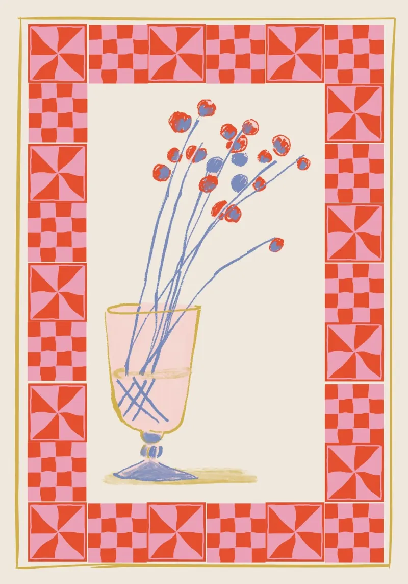 Calice floreale Folk Art - Stampa con cornice rosa e rossa poster con telaio in plastica da vintagepod