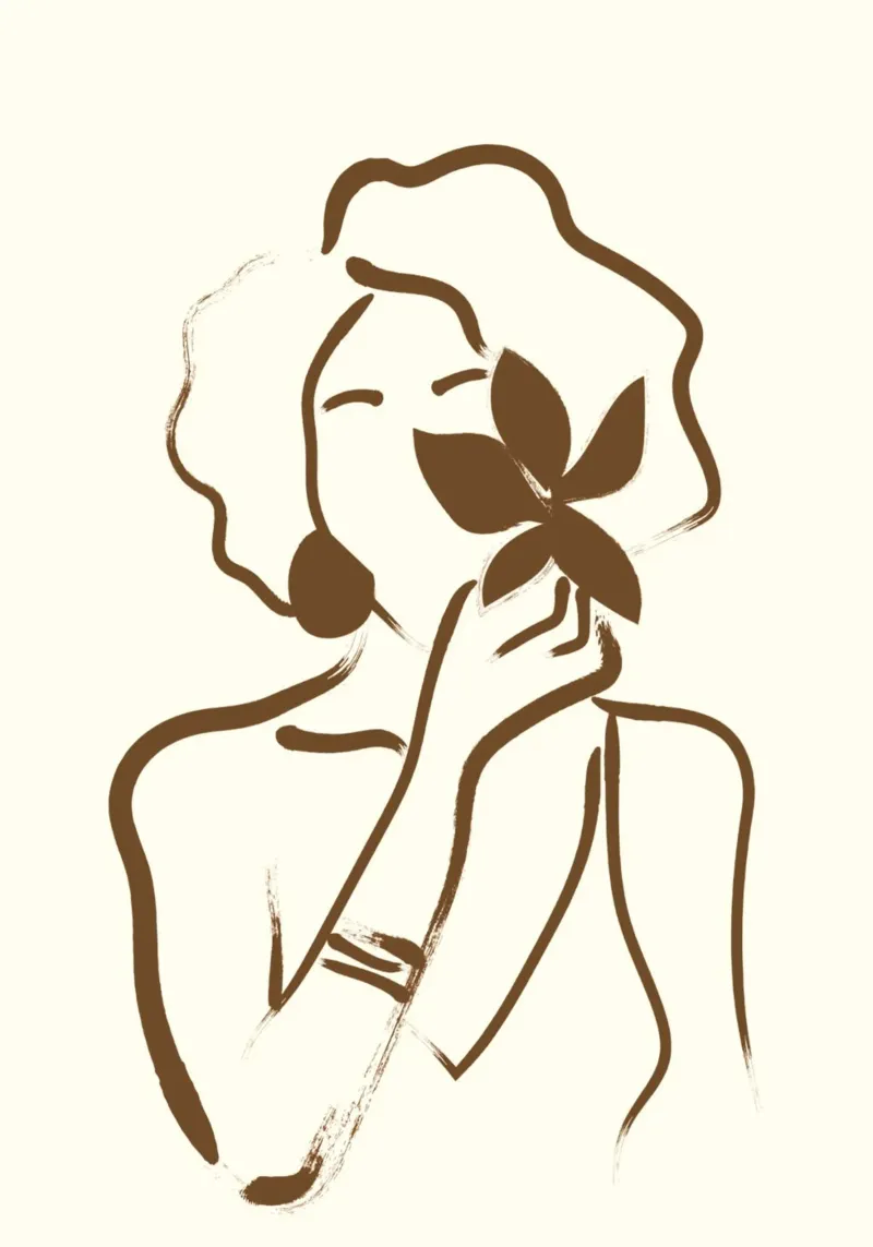 Boho Vrouw & Blad - Minimalistisch lijnkunstportret canvas met Baklijst van vintagepod