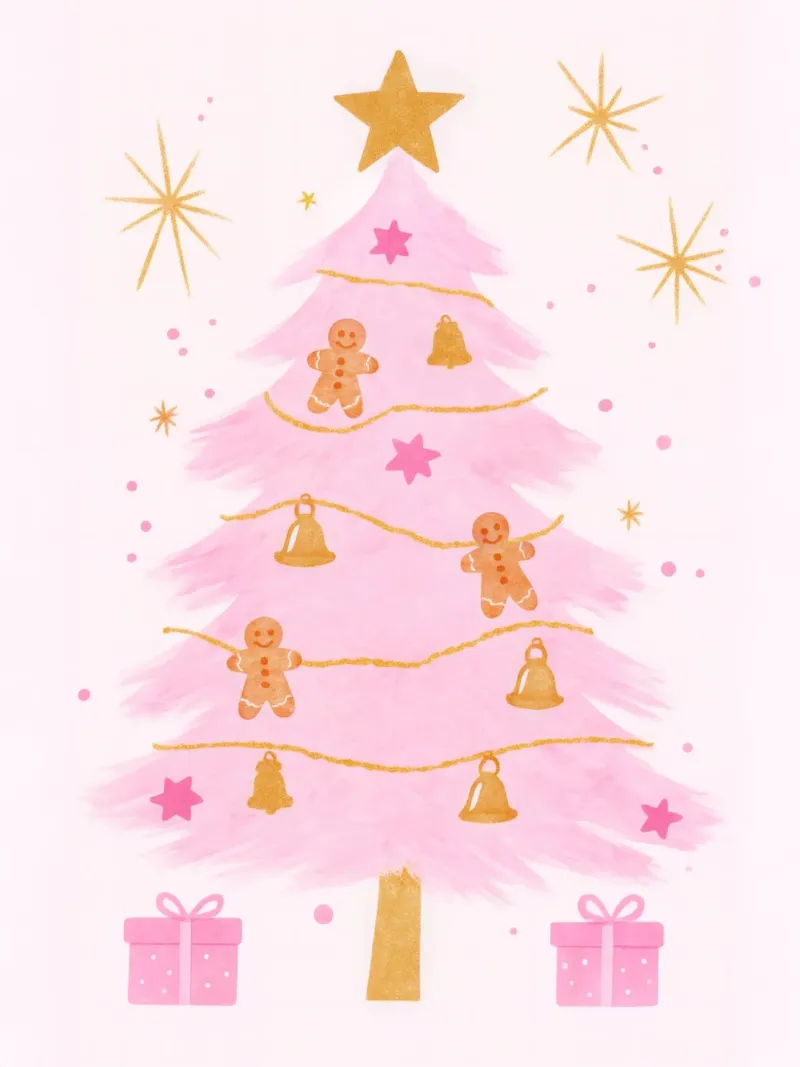 Preppy Coquette Albero di Natale rosa Stelle di pan di zenzero poster con telaio in legno da Gentle Echoes Art
