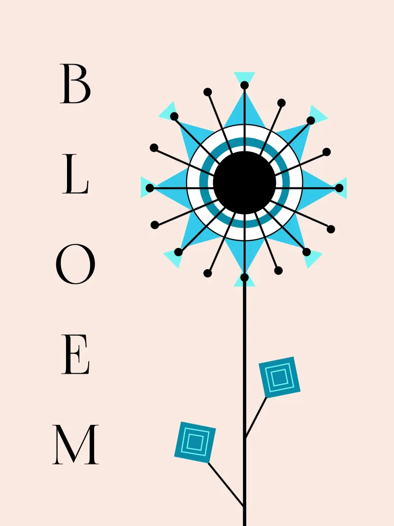 Bloem - Stilisierte Blume, geometrische türkis 70er Jahre poster with aluminum frame by Lilou Art