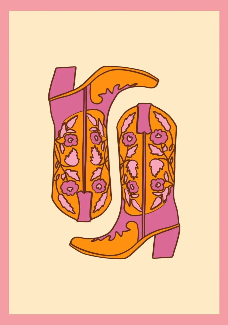 Groovy Floral Cowboy Boots Retro Pop Art Print metacrilato de homdeco