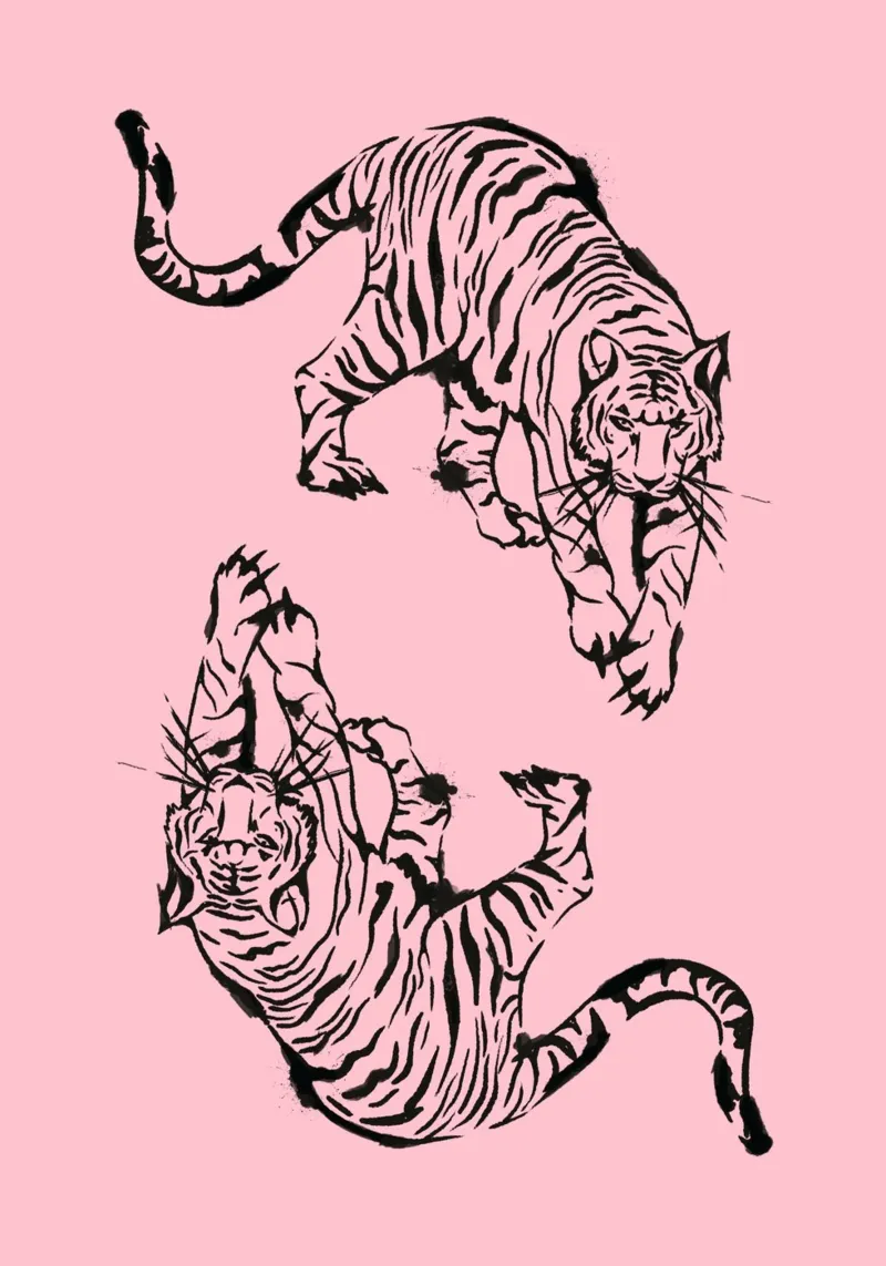 Pink Tiger Duo: Modern Minimalist Japanese Ink Art Print Poster mit Kunststoffrahmen von homdeco