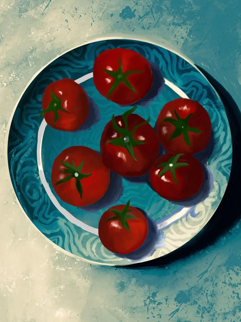 Oil-Painted Tomatoes in a Blue Moroccan Plate Still Life poster with plastic frame by mysteriouscoco