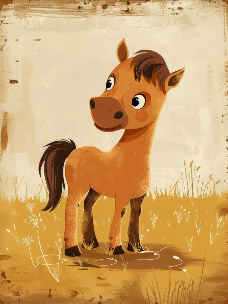 Lindo pony marrón de dibujos animados de pie en un campo cubierto de hierba lienzo con Marco flotante de DesignDoodle