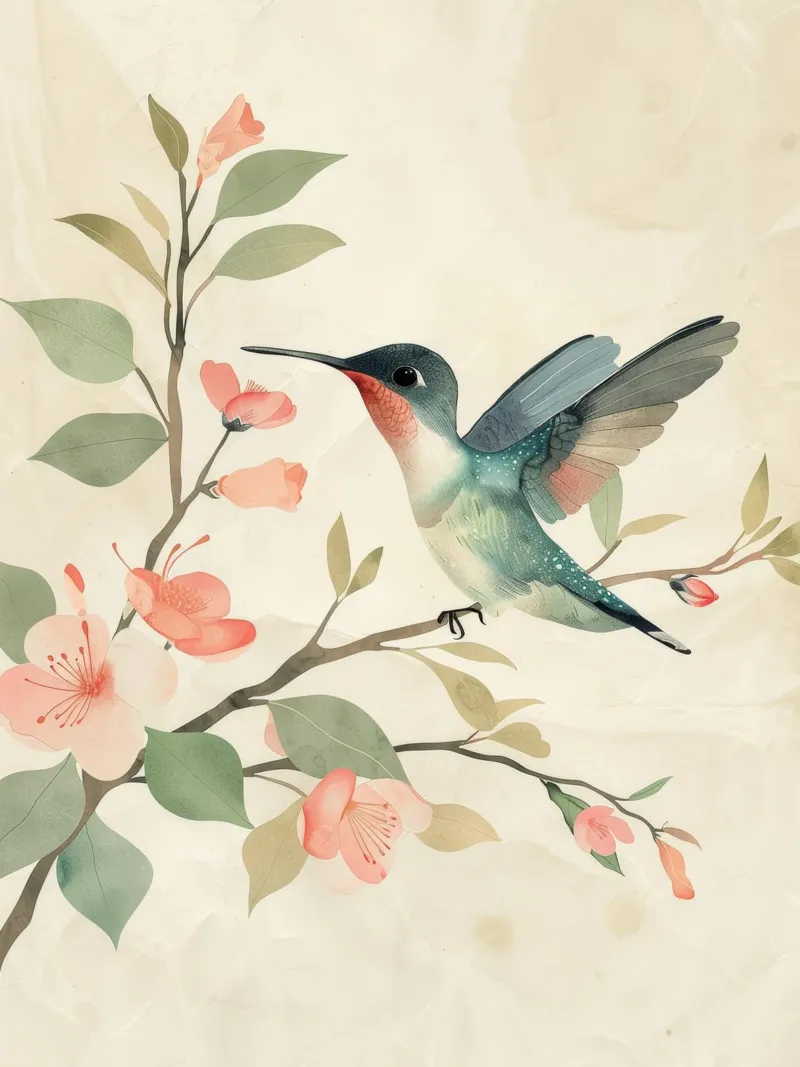 Kolibri auf einem blühenden Zweig mit zartem Rosa Hahnemühle von DesignDoodle